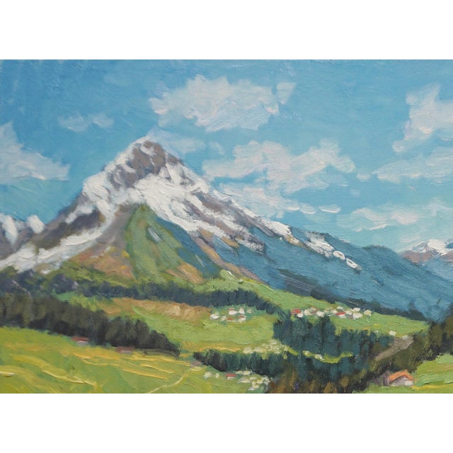 Original oil painting by Sean Wu, The beautiful Alps scenery: lush green grass, cows grazing, and white houses shimmering...