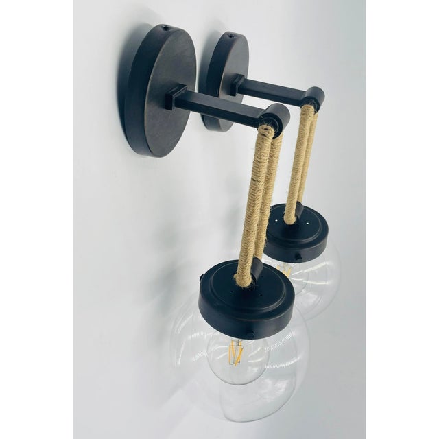 Black Vintage Attributed to Visual Comfort Modern Jute Rope Wall Sconces Brass Finish With Glass Globes - a Pair For Sale - Image 8 of 17