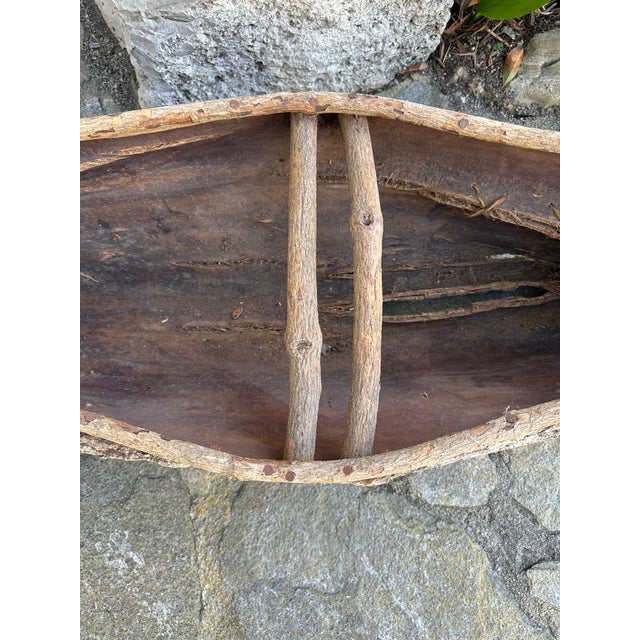 Wood Vintage 45” Textured Bark & Wood Canoe With Leather Rawhide For Sale - Image 7 of 16