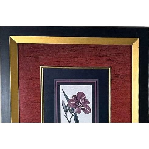 Late 20th Century Vintage Framed Stylized Red Lily Botanical Lithograph Prints Pair For Sale - Image 5 of 12