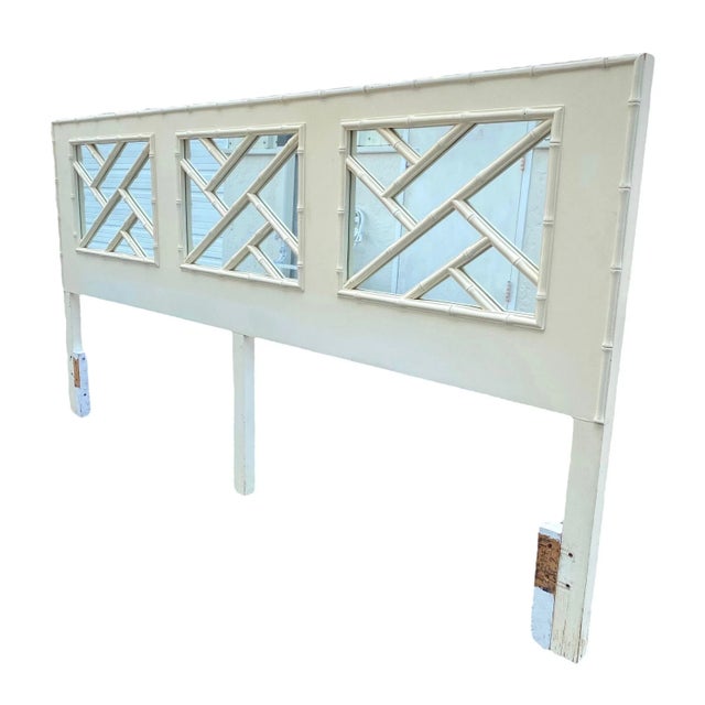 Silver White Faux Bamboo Fretwork King Headboard with Mirrored Back For Sale - Image 8 of 10