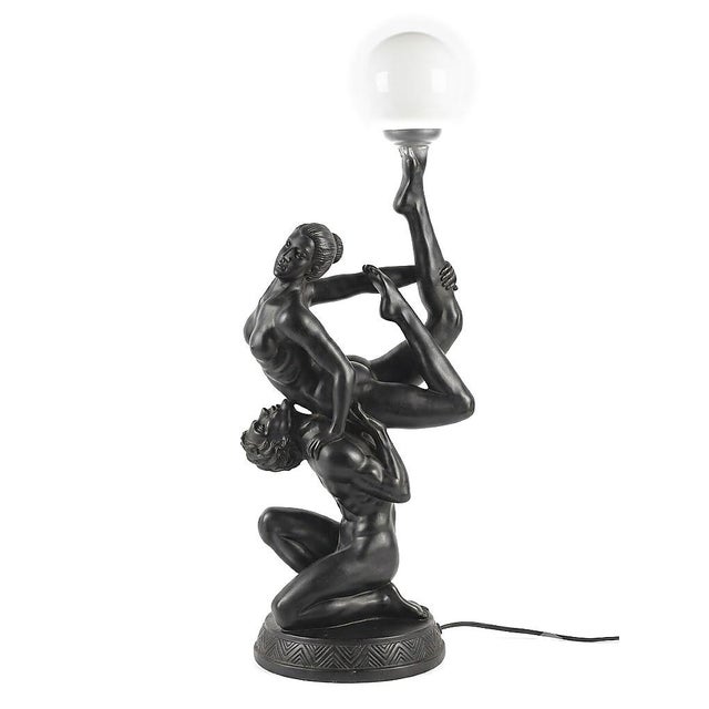 1970s Sculptural Black Figural Table Lamp With Frosted White Globe For Sale - Image 10 of 11