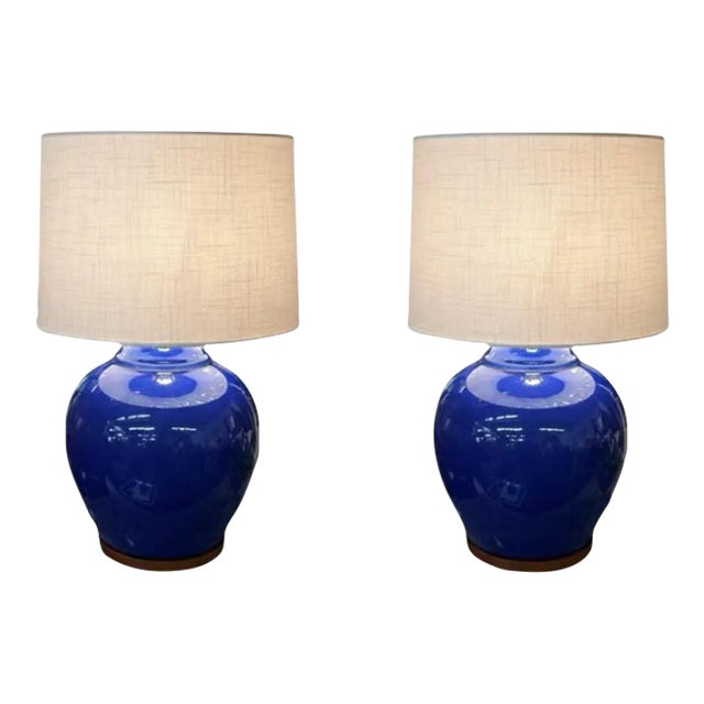 Pair of Cobalt Glazed Ceramic Table Lamps For Sale