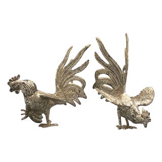 Vintage Two Fighting Roosters in Silver-Plating, Set of 2 For Sale