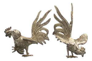 Vintage Two Fighting Roosters in Silver-Plating, Set of 2
