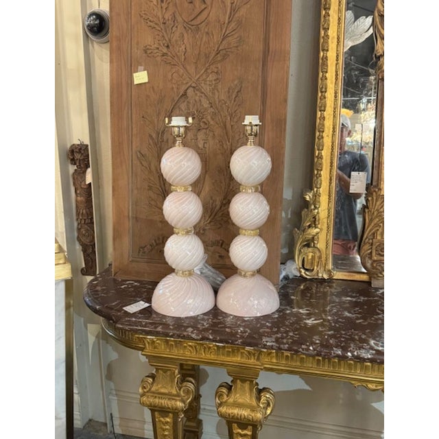Lovely pair of pearl pink and gold Murano glass ball form lamps. Creates a designer look! So pretty!! 22h x 9.5w