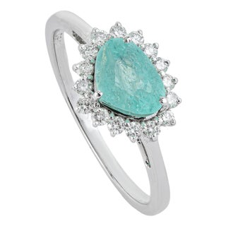 18k Gold 1.09ct Pear Cut Paraiba Tourmaline Diamond Halo Cluster Ring Size 8 For Sale