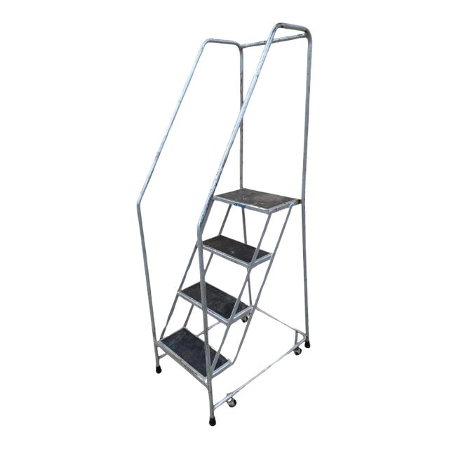 Vintage Ballymore Warehouse Garage 4 Step Metal Rolling Safety Ladder With Rails For Sale