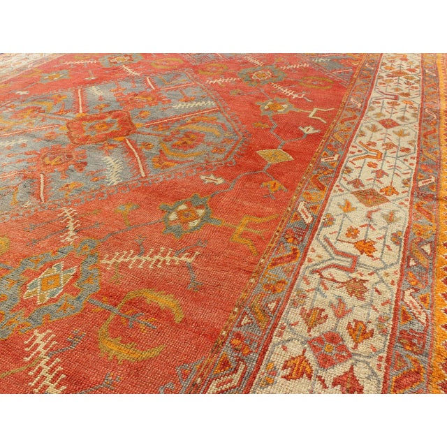 Antique Turkish Oushak Rug With Tribal Medallion Design in Terracotta and Blue 10'0 X 13'8 For Sale - Image 9 of 12