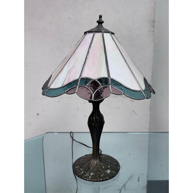 Traditional Tiffany Style Stained Glass + Iridescent Table Lamp For Sale - Image 3 of 12
