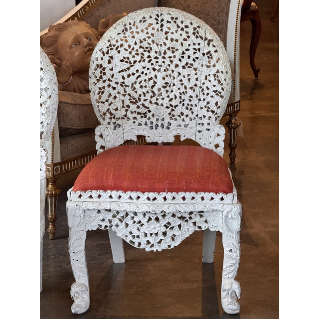 Wood Late 19th Century Pair of Painted White Burmese Carved Side Chairs For Sale - Image 7 of 14