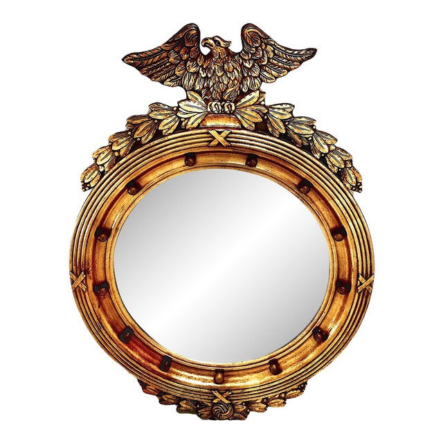 Mid 20th Century Federal-Style American Eagle-Topped Gilt Wood “Bullseye” Convex Mirror For Sale