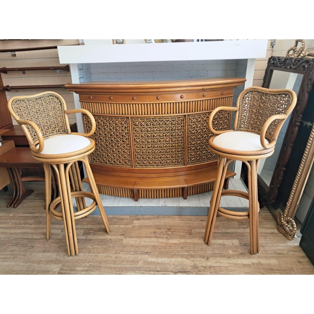 Vintage Coastal Bohemian Bamboo Rattan Tropical Tiki Bar and Swivel Stools, 1970s, Set of 3 For Sale - Image 8 of 18