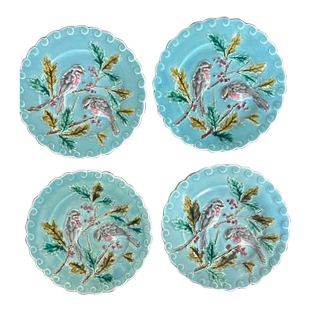 Antique Sarreguemines Majolica Bird Plates, France, 19th Century For Sale