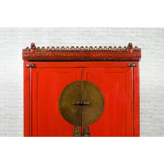 Chinese Qing Dynasty 19th Century Red Lacquered Wedding Cabinet with Carving For Sale - Image 10 of 13