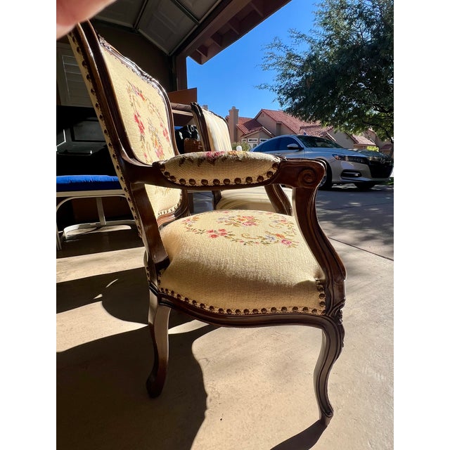 French 1960s Pair of French Louis-Style Armchairs With Hand-Carved Wood Frames For Sale - Image 3 of 8