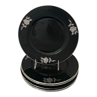 6 - l.e. Smith Black Amethyst Glass Dinner Plates Sterling Floral "Wild Rose". For Sale