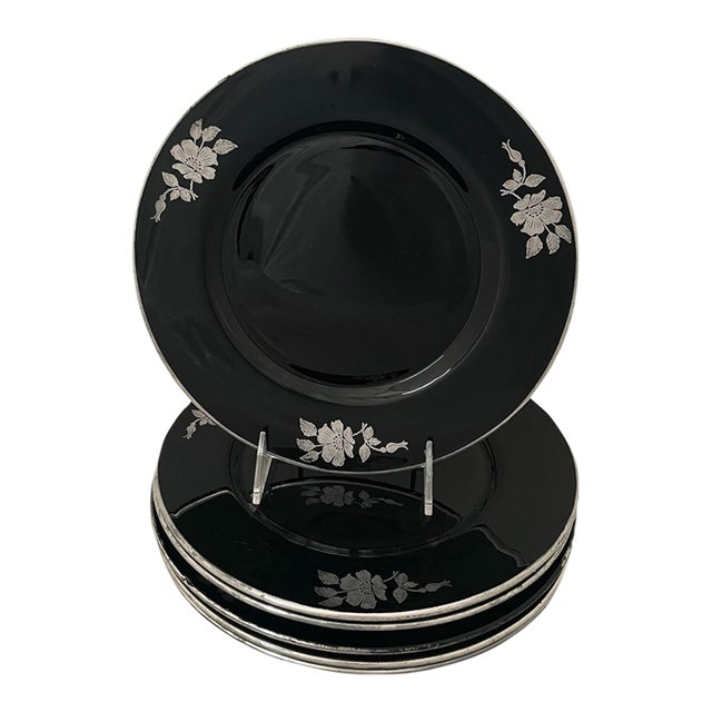 6 - l.e. Smith Black Amethyst Glass Dinner Plates Sterling Floral "Wild Rose". For Sale