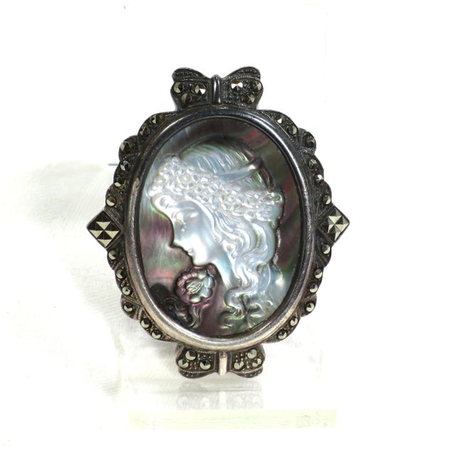 Antique Edwardian Sterling Abalone Marcasite Cameo Brooch 1910s For Sale - Image 4 of 9