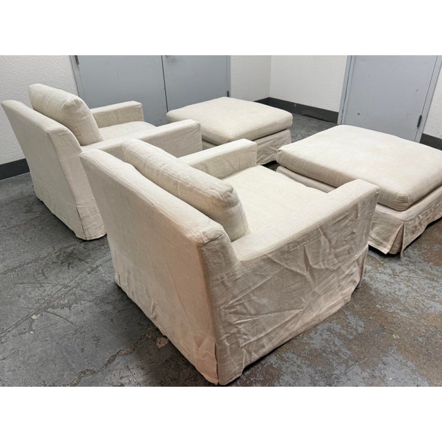 Restoration Hardware Slipcover Belgian Linen Shelter Armchairs + Ottomans, Set For Sale - Image 11 of 12