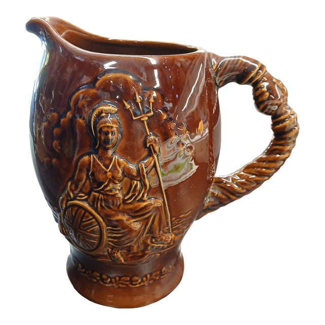 Devon England Rare Vintage 1940s Wwii v Day Brown Glazed Pitcher For Sale