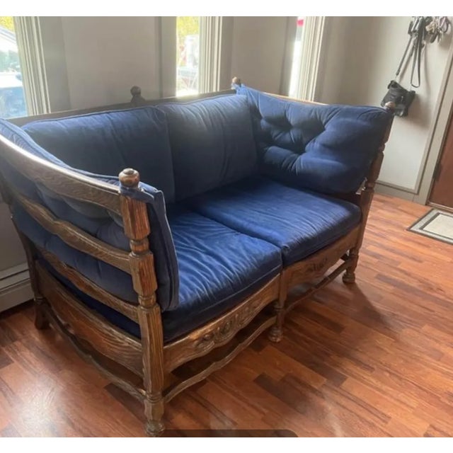 Mid 20th Century Vintage Feudal Oak Jamestown Lounge Co', Carved Oak Loveseat Sofa For Sale - Image 5 of 7