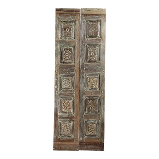 Antique Hand-Carved Floral Double Doors | Rustic Heritage Revival Barn Door 80x28 For Sale