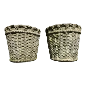 French Mid Century Cast Stone Woven Basket Planters - Set of 2