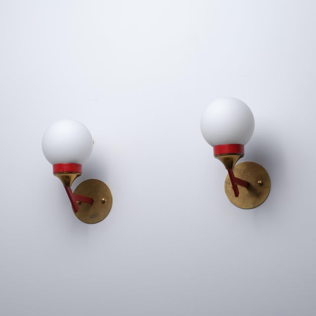 1950s Italian Brass, Red Metal and Opaline Glass Globe Sconces, 1950s, Set of 2 For Sale - Image 5 of 10