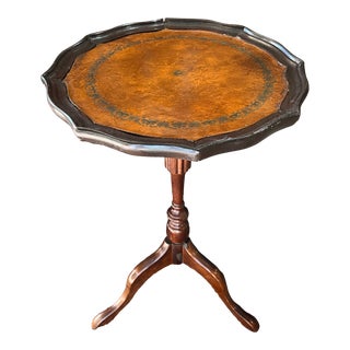 Petite Wooden Leather Top Side Table For Sale