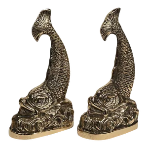 1960's Intricate Cast Brass Dolphin Koi Fish Bookends