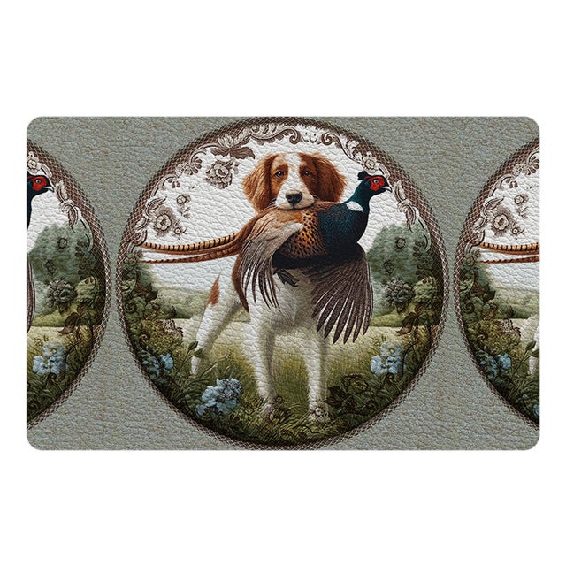 Woodland Hunting Dog Vegan Leather Rectangle Pebble Placemat, Set of 4 For Sale