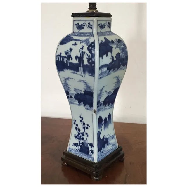 Antique 19th Century Chinese Blue & White Porcelain Vase Decorated With Figures in Landscape Representing the Four Seasons Mounted as a Lamp For Sale - Image 10 of 11