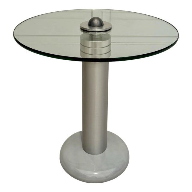 Art Deco Space Age Modern Brushed Metal and Glass Side Table With Gray Base For Sale