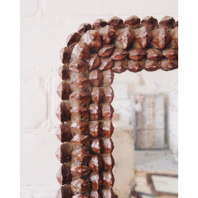 Rustic Pinecone Frame Mirror, Tramp Art Style With Antique Glass For Sale - Image 3 of 7
