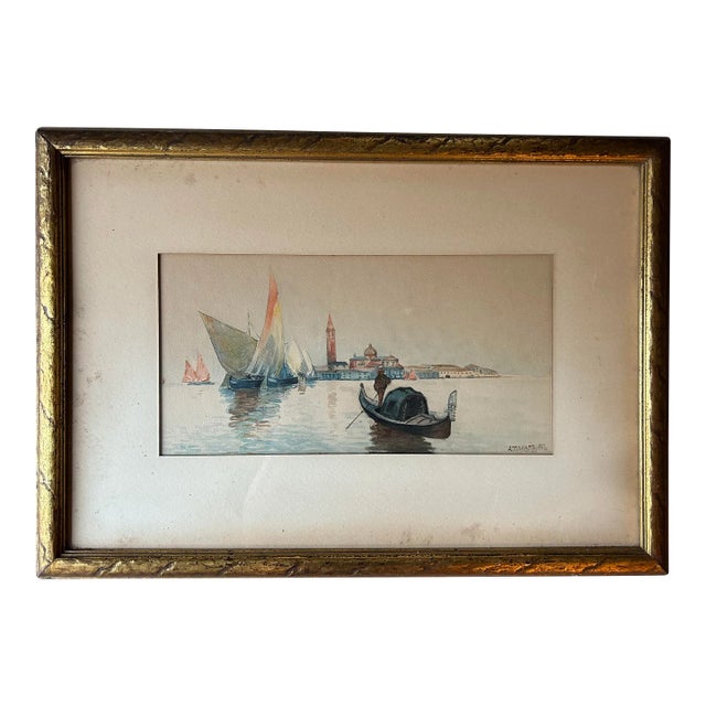 Antique Venetian Watercolor Sailboats on Water City Background For Sale