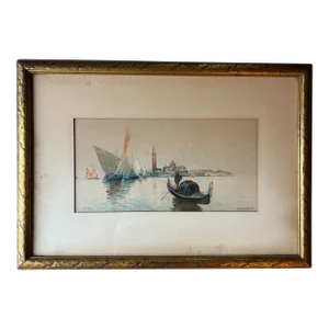 Antique Venetian Watercolor Sailboats on Water City Background