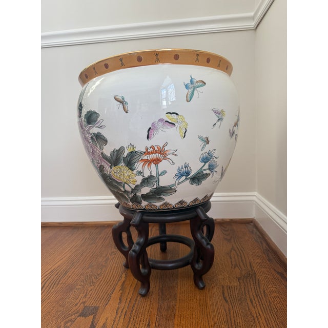 Pink Vintage Mid-20th Century Large Chinese Ceramic Fish Bowl Planter For Sale - Image 8 of 15