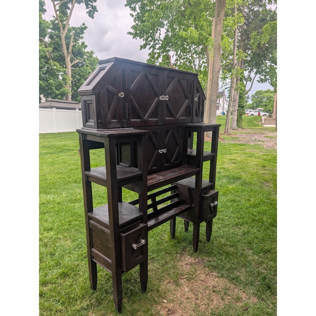 Vintage Arts & Crafts Geometric Smoking Cabinet & Pipe Rack Etagere Console For Sale - Image 11 of 18
