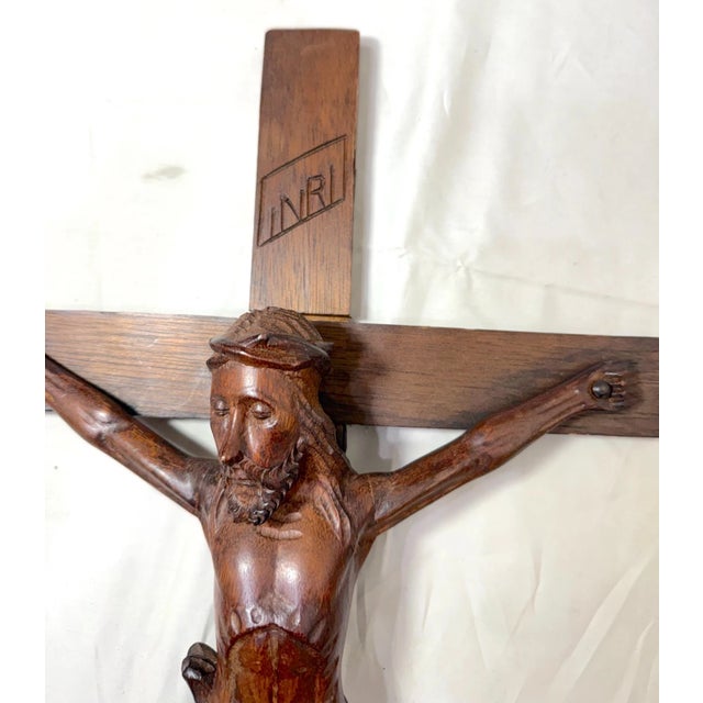 Big Antique Hand Carved Wood Religious Jesus Christ Crucifix Cross Sculpture God For Sale - Image 9 of 11