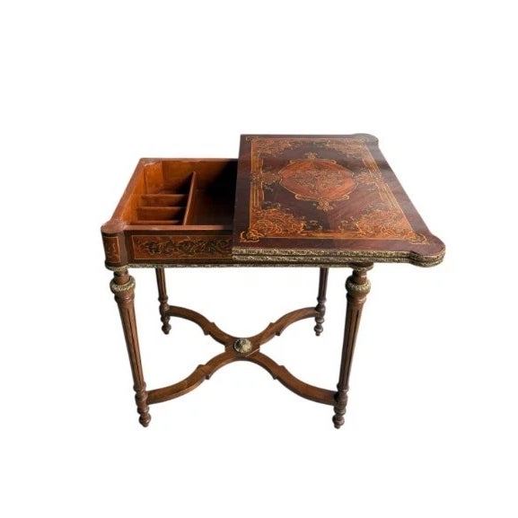 Wood 19th-Century French Louis XVI-Style Marquetry Game Table With Brass Ormolu Trim For Sale - Image 7 of 12
