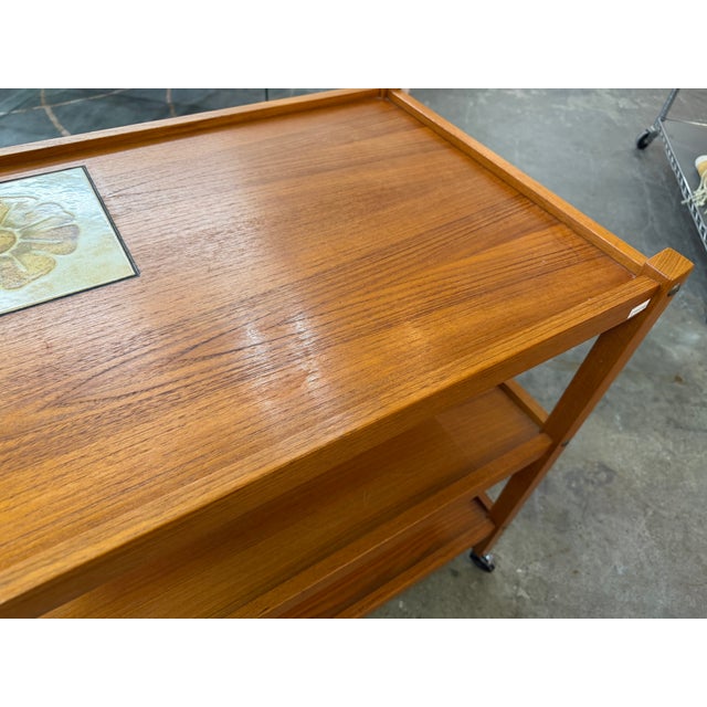 Brdr. Furbo Vintage Mid-Century Danish Modern Teak 3-Tier Bar Cart With Flower Tile Inset by Brdr. Furbo For Sale - Image 4 of 7