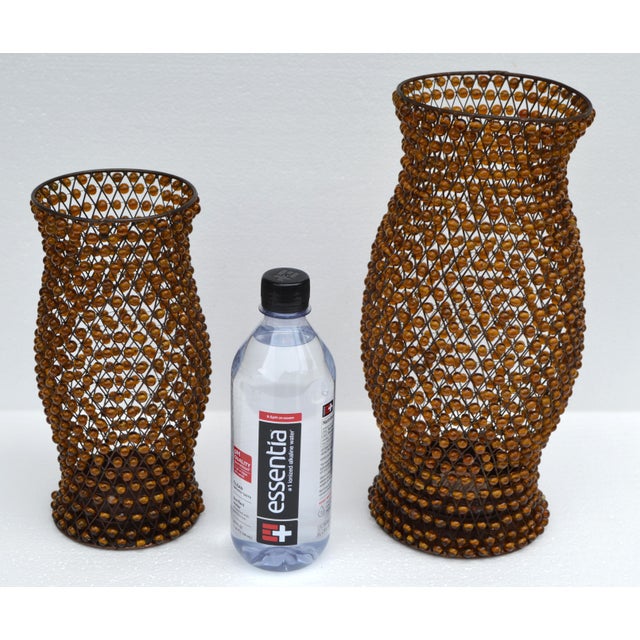 Brown Set 2 Vintage Decorative Amber Gemstone Beaded Lattice Hourglass Shaped Candle Holders For Sale - Image 8 of 15