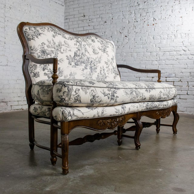 Highland House Late 20th Century French Louis XV Style Settee by Highland House Black and White Toile De Jouy For Sale - Image 4 of 18