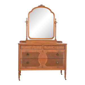 Phoenix Furniture Antique French Regency Louis XVI Burled Walnut Vanity Dresser With Mirror, Circa 1900