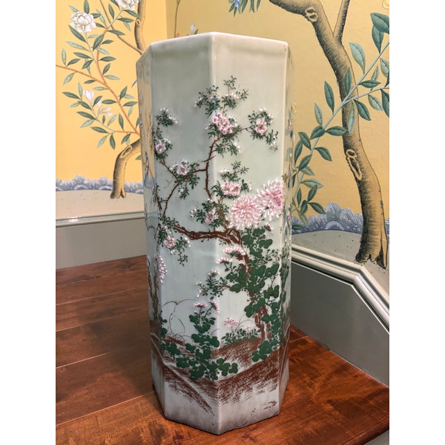 Celadon Late 19th Century Japanese Porcelain Celadon Hexagonal Umbrella Stand With Birds and Flowers For Sale - Image 8 of 12