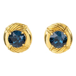 Sonia Rykiel Clip Earrings Gilded Metal and Blue Crystal Rhinestones For Sale