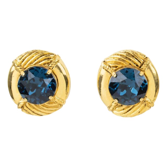 Sonia Rykiel Clip Earrings Gilded Metal and Blue Crystal Rhinestones For Sale