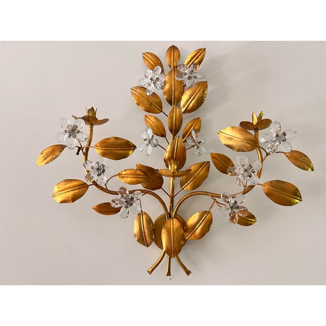 Hollywood Regency 1950s Pair of Gilt Tole Candle Sconces With Glass Flowers For Sale - Image 3 of 8