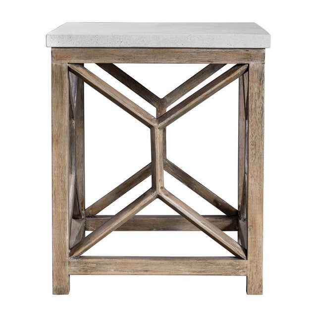 Handcrafted from reclaimed woods with a natural ivory limestone top, on a geometric base finished in a warm oatmeal wash....